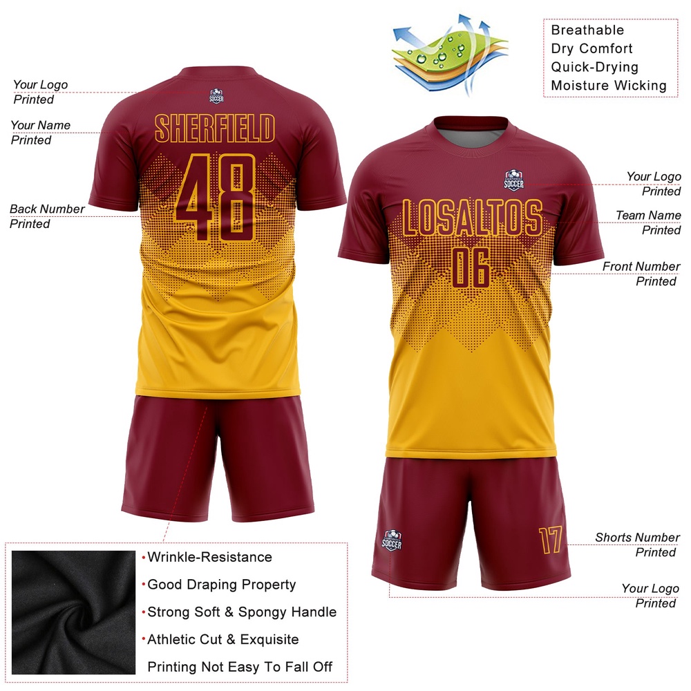 Gold Crimson Sublimation Soccer Uniform Jersey, Custom Team Soccer Jersey Shirt