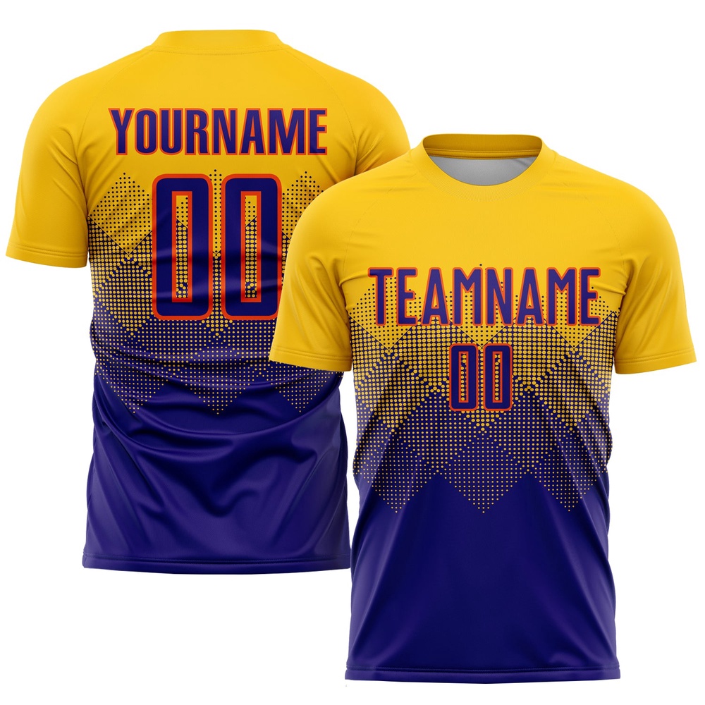 Gold Dark Purple Orange Sublimation Soccer Uniform Jersey, Custom Team Soccer Jersey Shirt