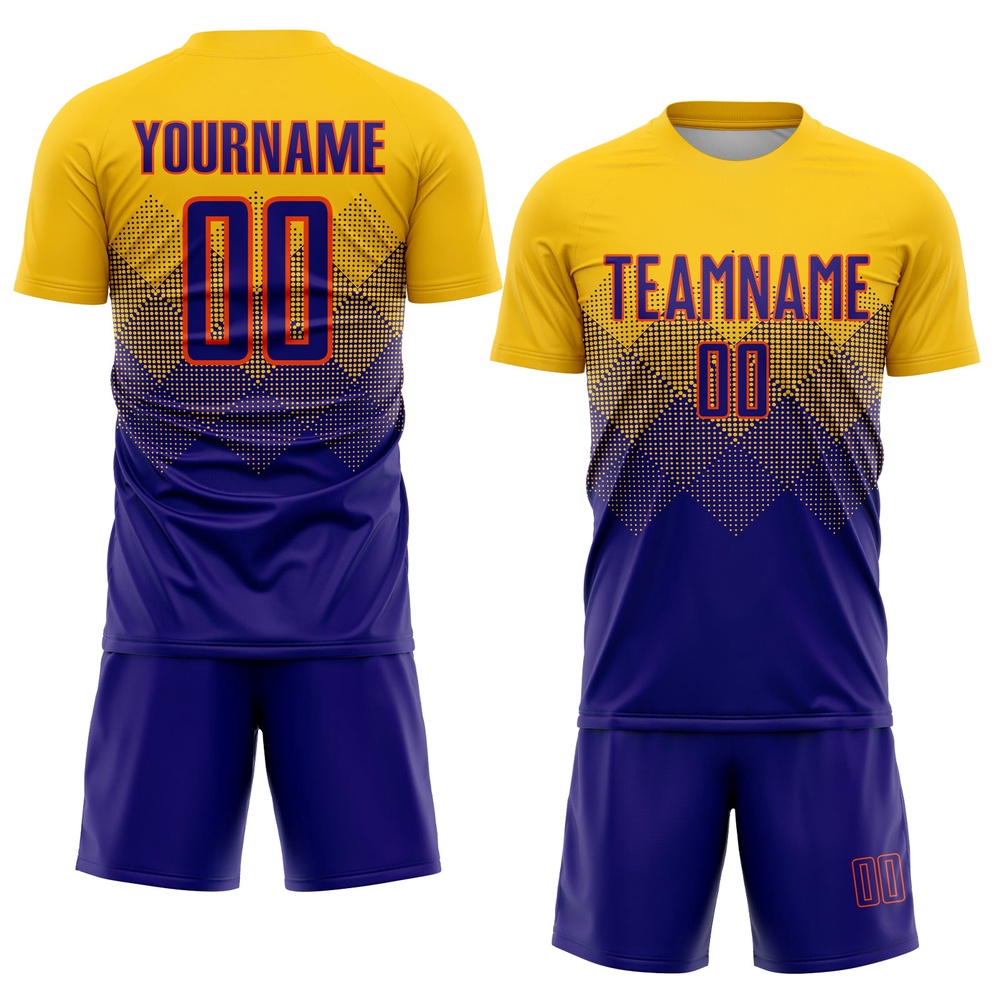 Gold Dark Purple Orange Sublimation Soccer Uniform Jersey, Custom Team Soccer Jersey Shirt