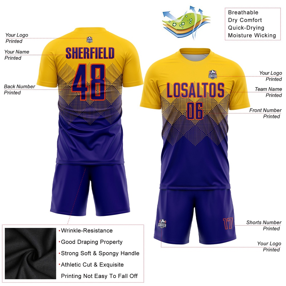 Gold Dark Purple Orange Sublimation Soccer Uniform Jersey, Custom Team Soccer Jersey Shirt