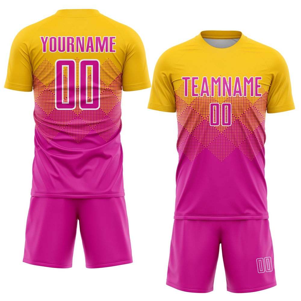 Gold Deep Pink White Sublimation Soccer Uniform Jersey, Custom Team Soccer Jersey Shirt Gold Deep Pink White Sublimation Soccer Uniform Jersey, Custom Team Soccer Jersey Shirt