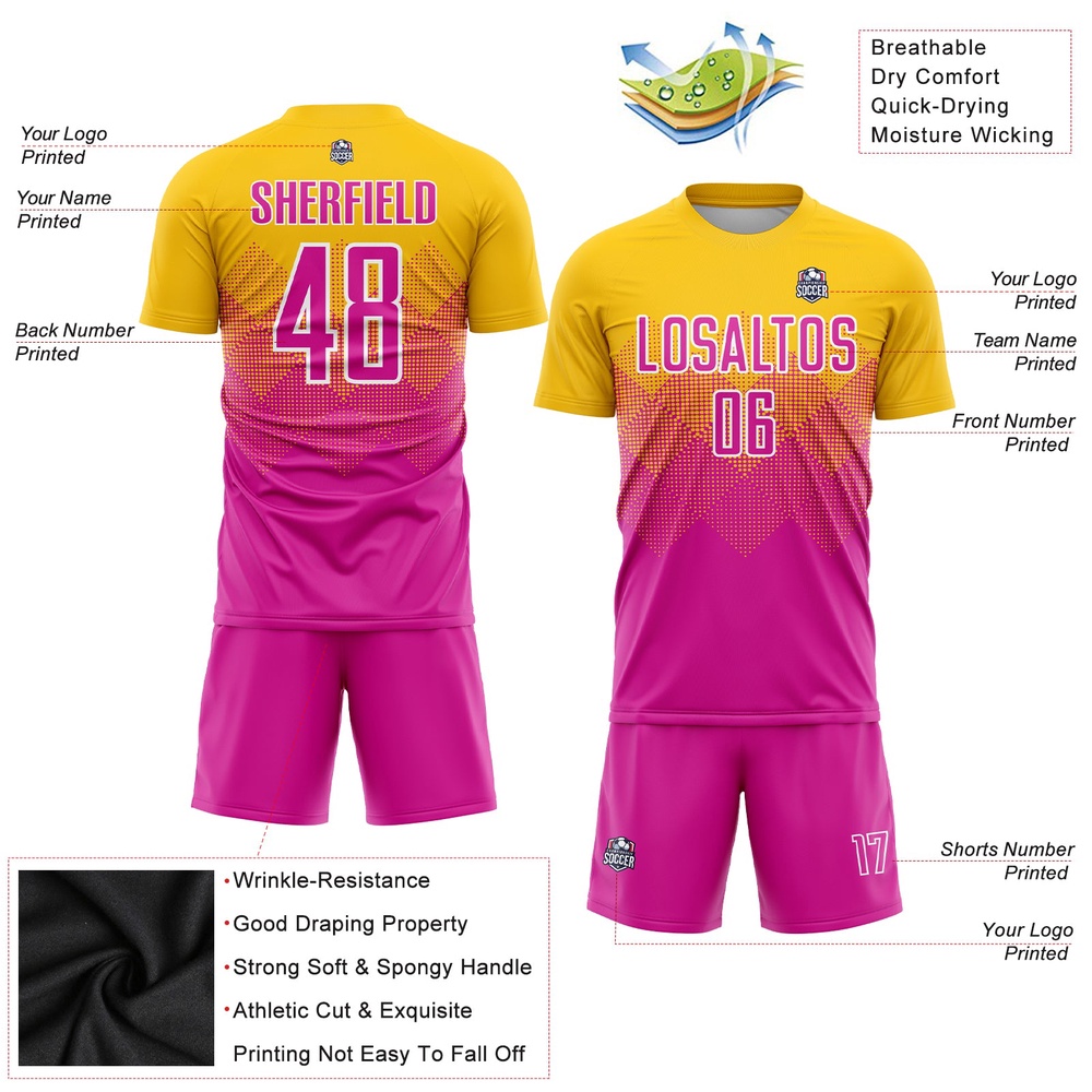 Gold Deep Pink White Sublimation Soccer Uniform Jersey, Custom Team Soccer Jersey Shirt Gold Deep Pink White Sublimation Soccer Uniform Jersey, Custom Team Soccer Jersey Shirt