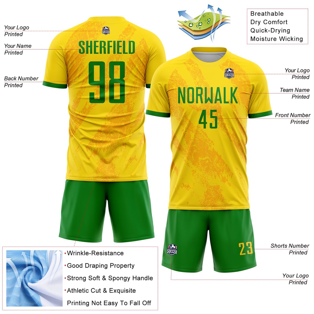 Gold Grass Green Sublimation Soccer Uniform Jersey, Custom Team Soccer Jersey Shirt