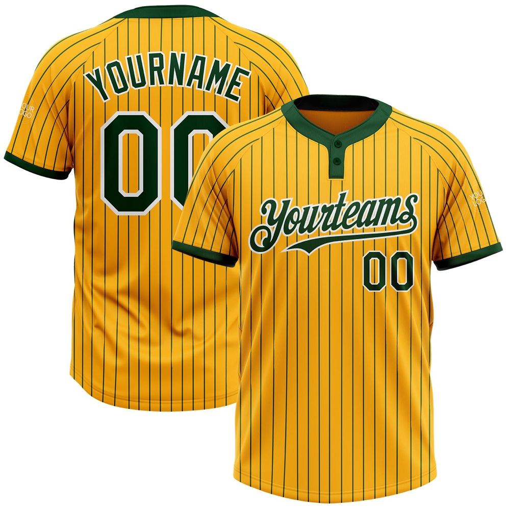 Gold Green Pinstripe White Two Button Unisex Softball Jersey, Custom Team Softball Jersey Gold Green Pinstripe White Two Button Unisex Softball Jersey, Custom Team Softball Jersey