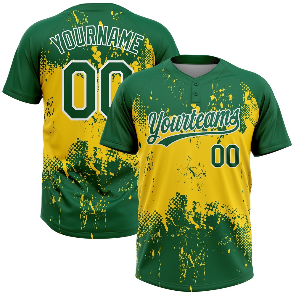 Gold Green White 3D Pattern Two Button Unisex Softball Jersey, Custom Team Softball Jersey