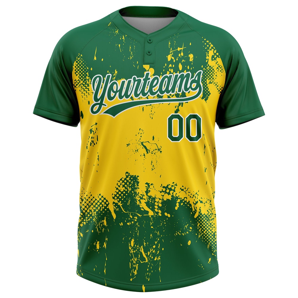 Gold Green White 3D Pattern Two Button Unisex Softball Jersey, Custom Team Softball Jersey