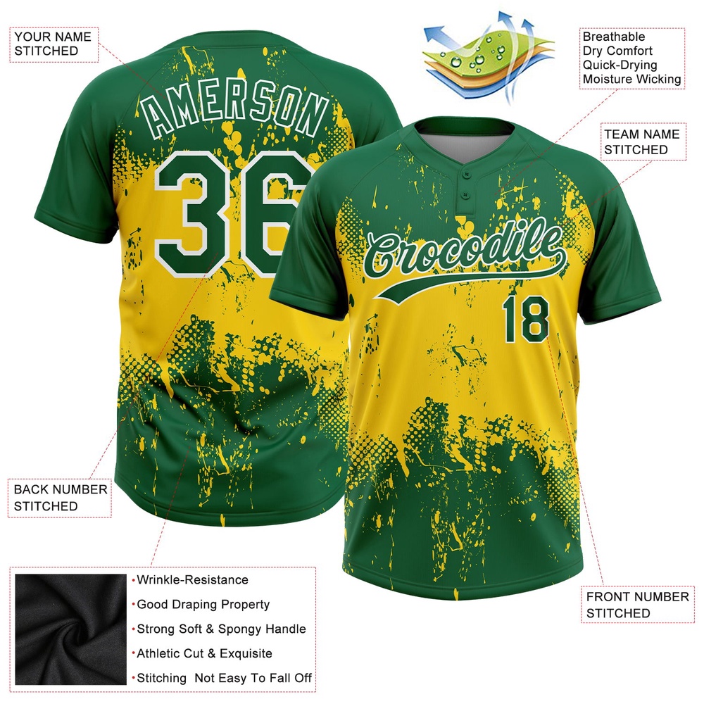 Gold Green White 3D Pattern Two Button Unisex Softball Jersey, Custom Team Softball Jersey