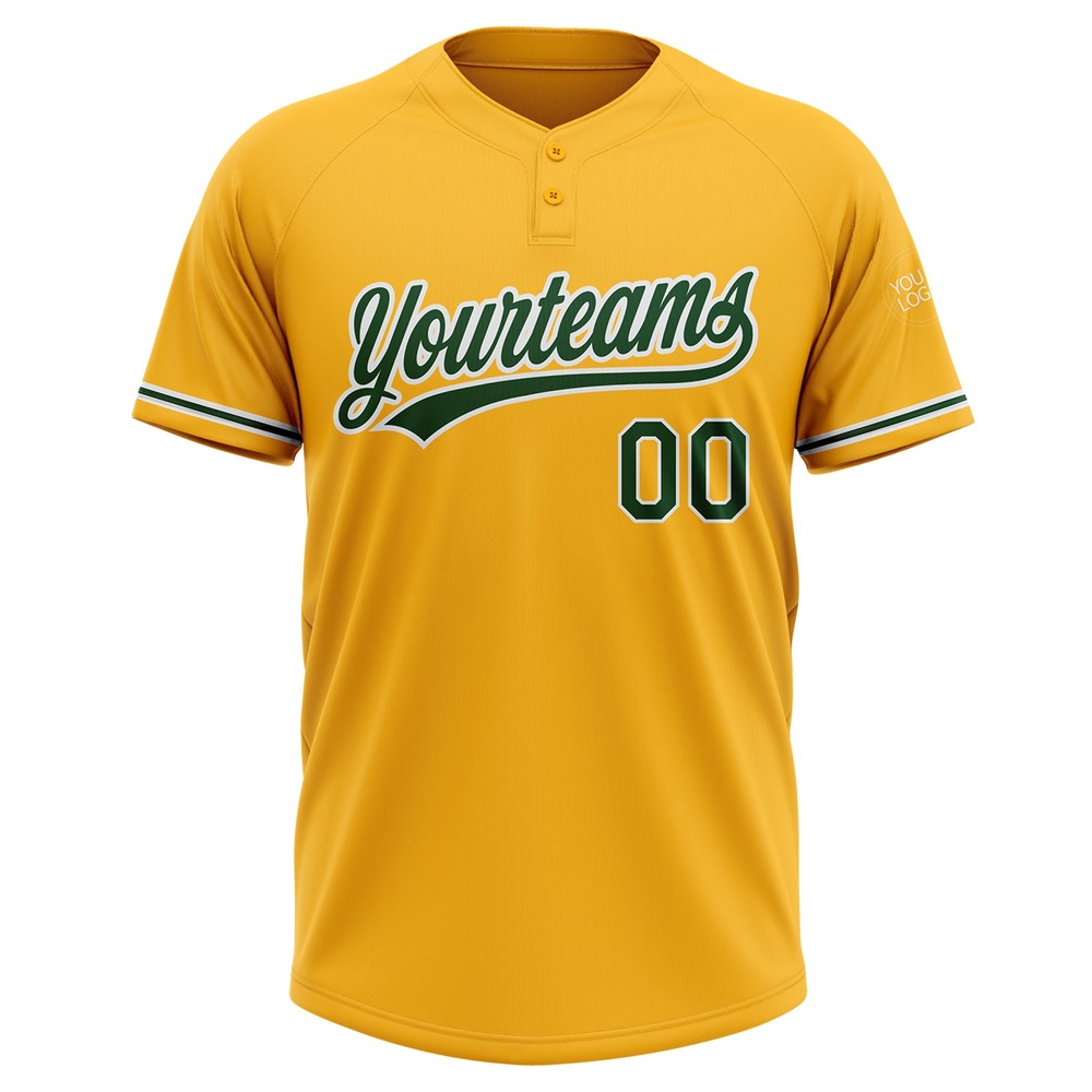 Gold Green White Two Button Unisex Softball Jersey, Custom Team Softball Jersey Gold Green White Two Button Unisex Softball Jersey, Custom Team Softball Jersey