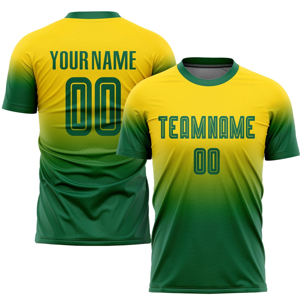 Gold Kelly Green Sublimation Fade Fashion Soccer Uniform Jersey, Custom Team Soccer Jersey Shirt Gold Kelly Green Sublimation Fade Fashion Soccer Uniform Jersey, Custom Team Soccer Jersey Shirt