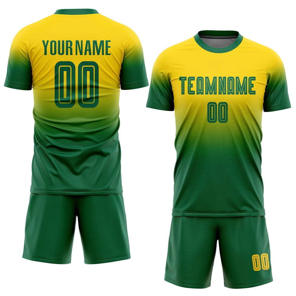Gold Kelly Green Sublimation Fade Fashion Soccer Uniform Jersey, Custom Team Soccer Jersey Shirt Gold Kelly Green Sublimation Fade Fashion Soccer Uniform Jersey, Custom Team Soccer Jersey Shirt