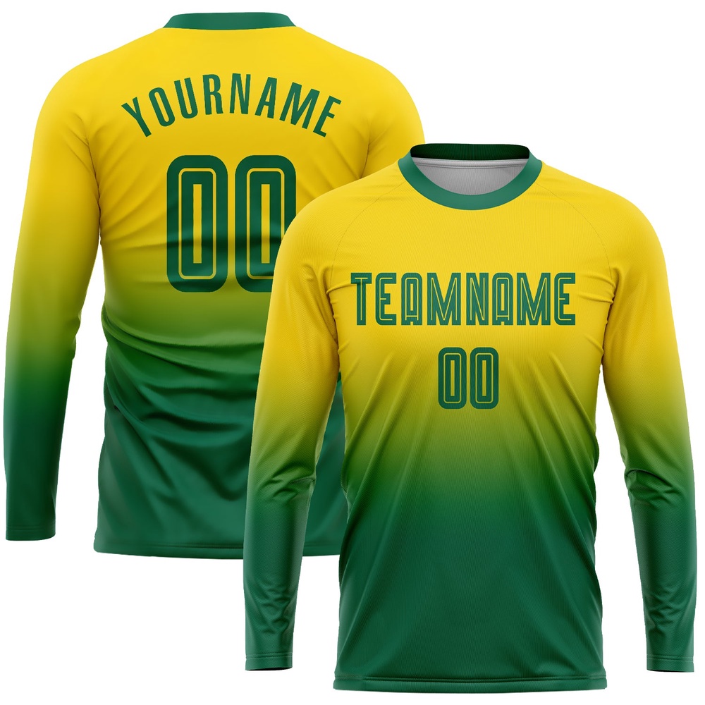 Gold Kelly Green Sublimation Long Sleeve Fade Fashion Soccer Uniform Jersey, Custom Team Soccer Jersey Shirt