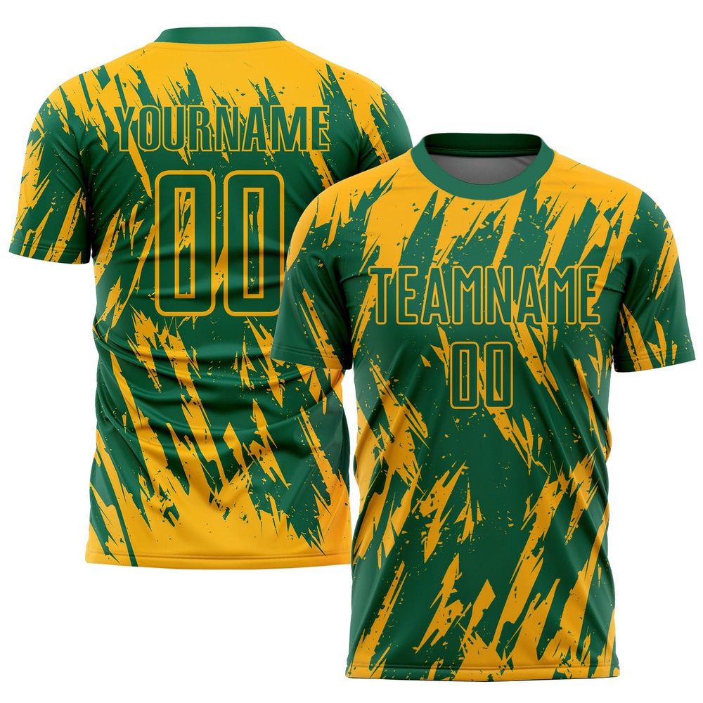 Gold Kelly Green Sublimation Soccer Uniform Jersey, Custom Team Soccer Jersey Shirt Gold Kelly Green Sublimation Soccer Uniform Jersey, Custom Team Soccer Jersey Shirt