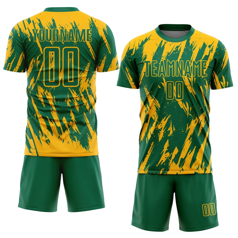 Gold Kelly Green Sublimation Soccer Uniform Jersey, Custom Team Soccer Jersey Shirt Gold Kelly Green Sublimation Soccer Uniform Jersey, Custom Team Soccer Jersey Shirt