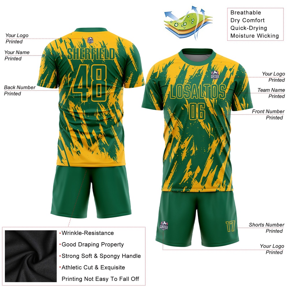 Gold Kelly Green Sublimation Soccer Uniform Jersey, Custom Team Soccer Jersey Shirt Gold Kelly Green Sublimation Soccer Uniform Jersey, Custom Team Soccer Jersey Shirt