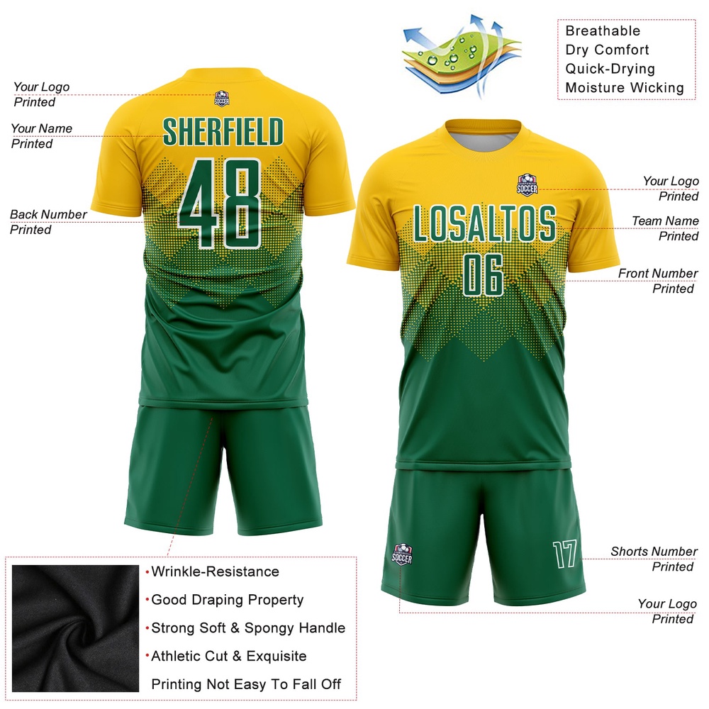 Gold Kelly Green White Sublimation Soccer Uniform Jersey, Custom Team Soccer Jersey Shirt Gold Kelly Green White Sublimation Soccer Uniform Jersey, Custom Team Soccer Jersey Shirt