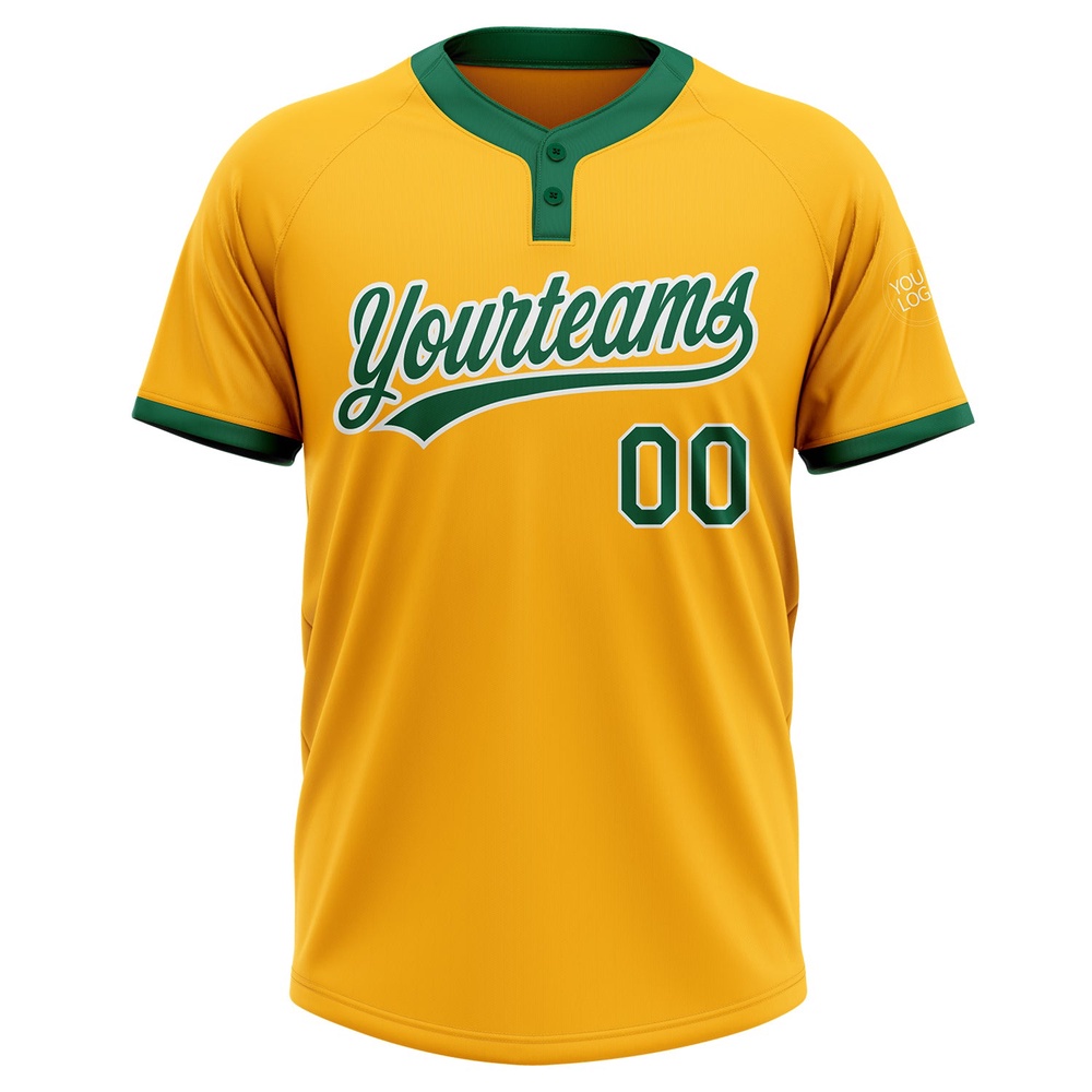 Gold Kelly Green White Two Button Unisex Softball Jersey, Custom Team Softball Jersey