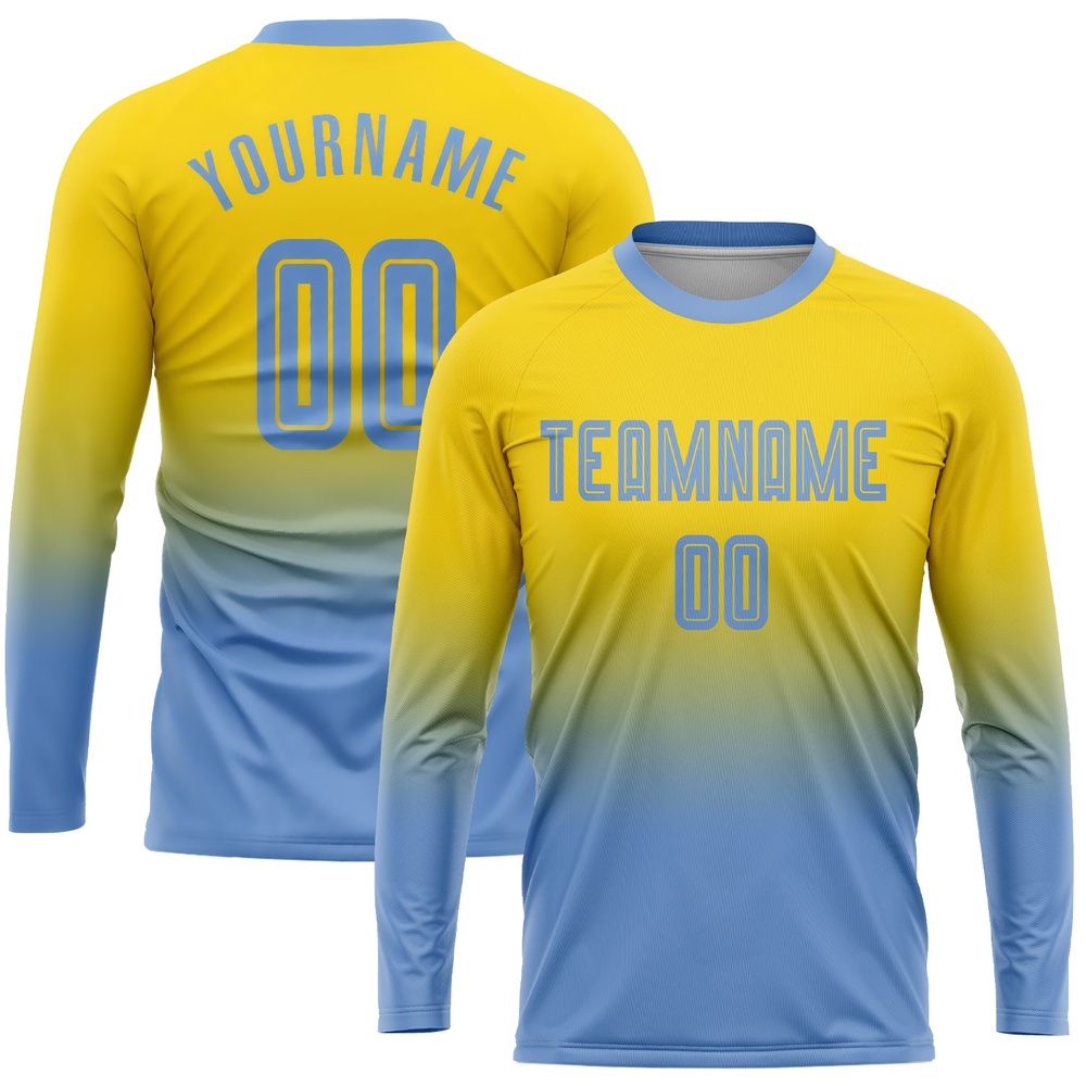 Gold Light Blue Sublimation Long Sleeve Fade Fashion Soccer Uniform Jersey, Custom Team Soccer Jersey Shirt