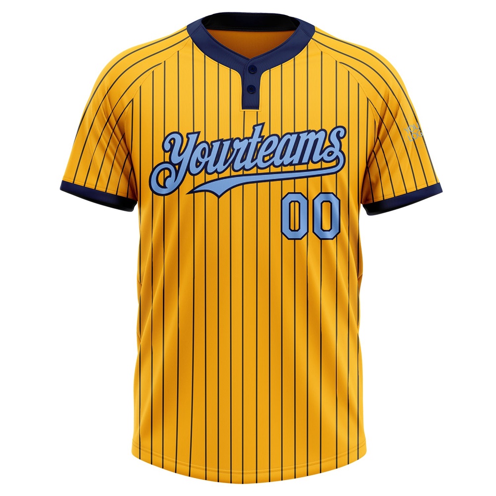 Gold Navy Pinstripe Light Blue Two Button Unisex Softball Jersey, Custom Team Softball Jersey Gold Navy Pinstripe Light Blue Two Button Unisex Softball Jersey, Custom Team Softball Jersey