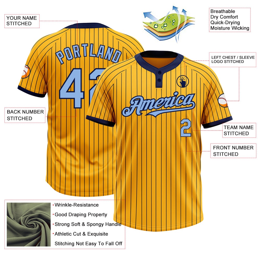 Gold Navy Pinstripe Light Blue Two Button Unisex Softball Jersey, Custom Team Softball Jersey Gold Navy Pinstripe Light Blue Two Button Unisex Softball Jersey, Custom Team Softball Jersey