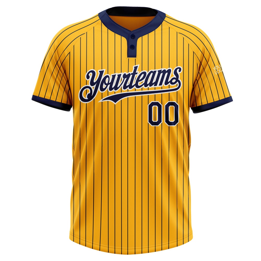 Gold Navy Pinstripe White Two Button Unisex Softball Jersey, Custom Team Softball Jersey Gold Navy Pinstripe White Two Button Unisex Softball Jersey, Custom Team Softball Jersey