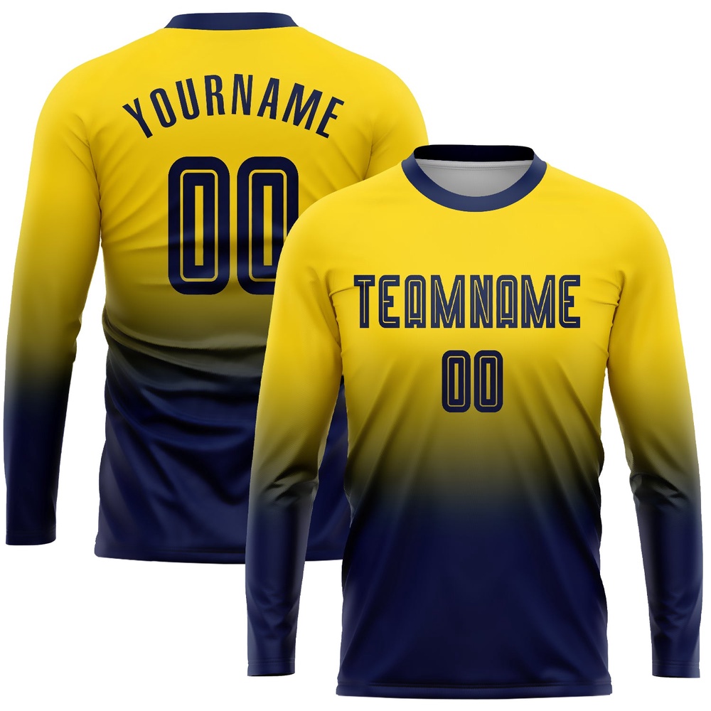 Gold Navy Sublimation Long Sleeve Fade Fashion Soccer Uniform Jersey, Custom Team Soccer Jersey Shirt Gold Navy Sublimation Long Sleeve Fade Fashion Soccer Uniform Jersey, Custom Team Soccer Jersey Shirt