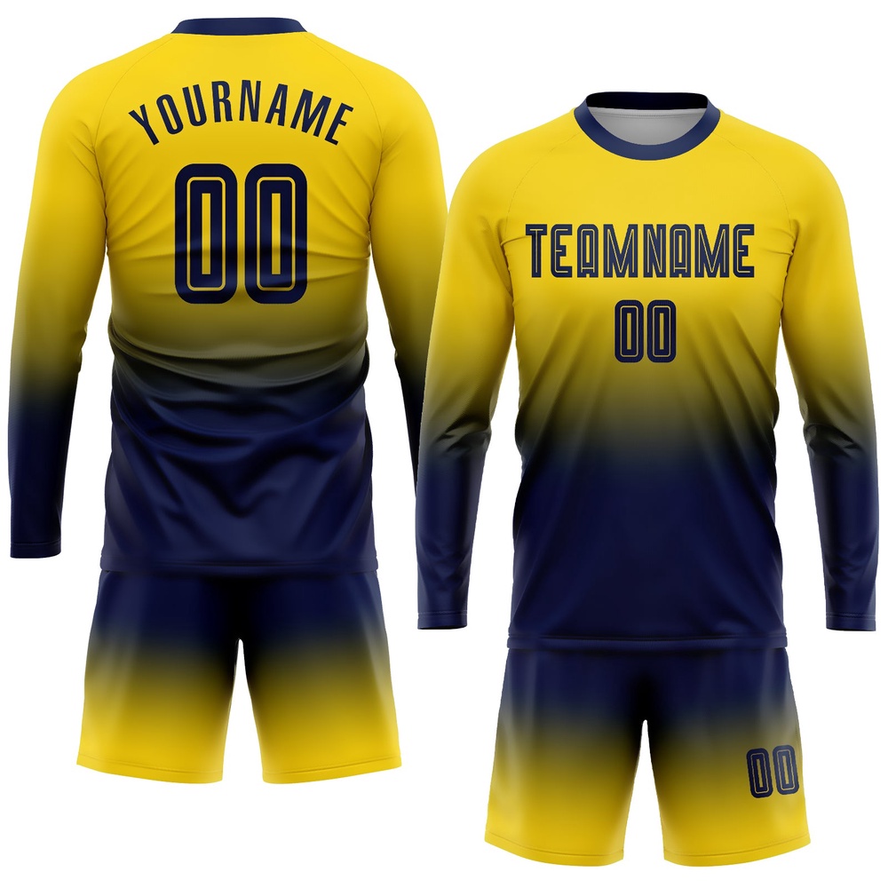 Gold Navy Sublimation Long Sleeve Fade Fashion Soccer Uniform Jersey, Custom Team Soccer Jersey Shirt Gold Navy Sublimation Long Sleeve Fade Fashion Soccer Uniform Jersey, Custom Team Soccer Jersey Shirt
