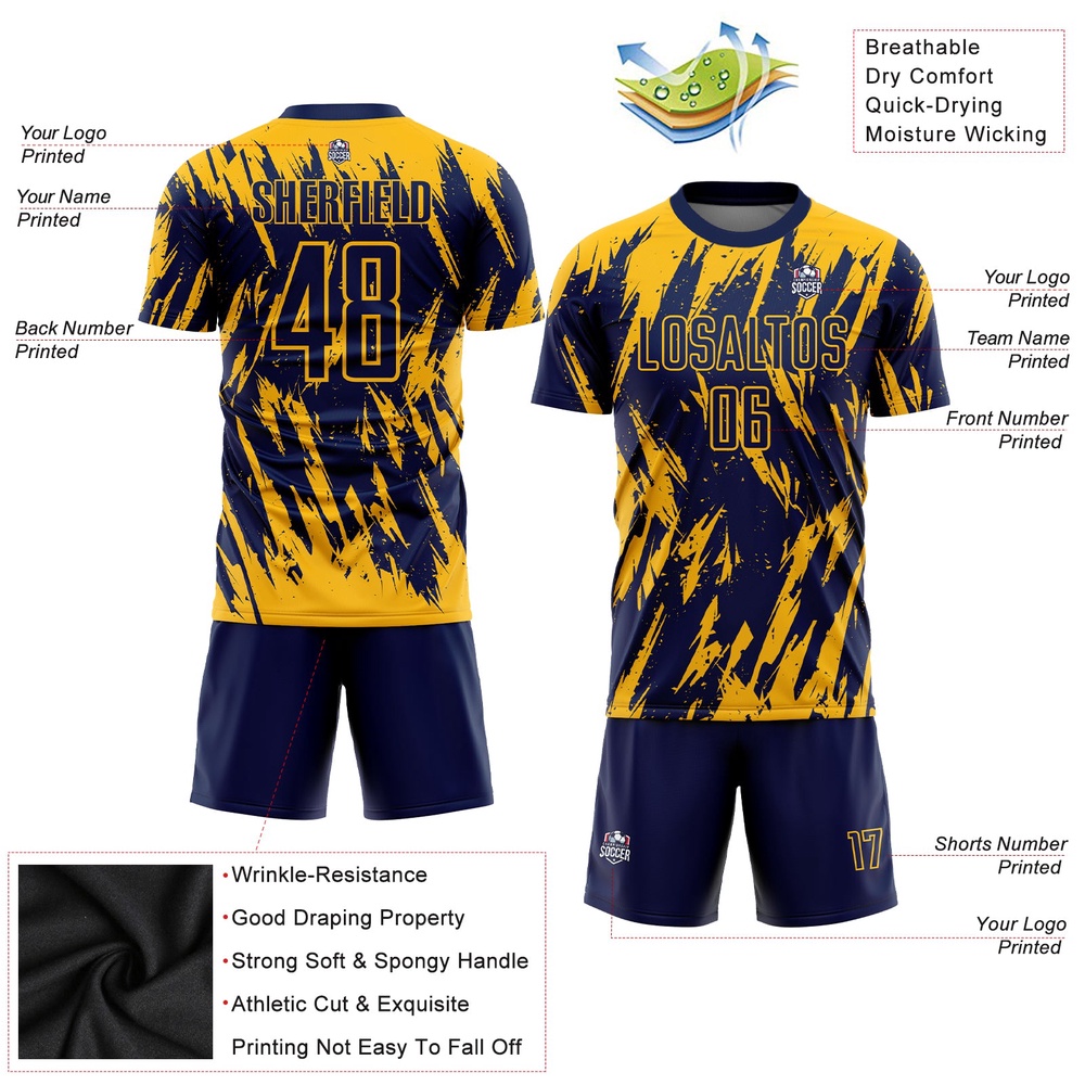 Gold Navy Sublimation Soccer Uniform Jersey, Custom Team Soccer Jersey Shirt Gold Navy Sublimation Soccer Uniform Jersey, Custom Team Soccer Jersey Shirt