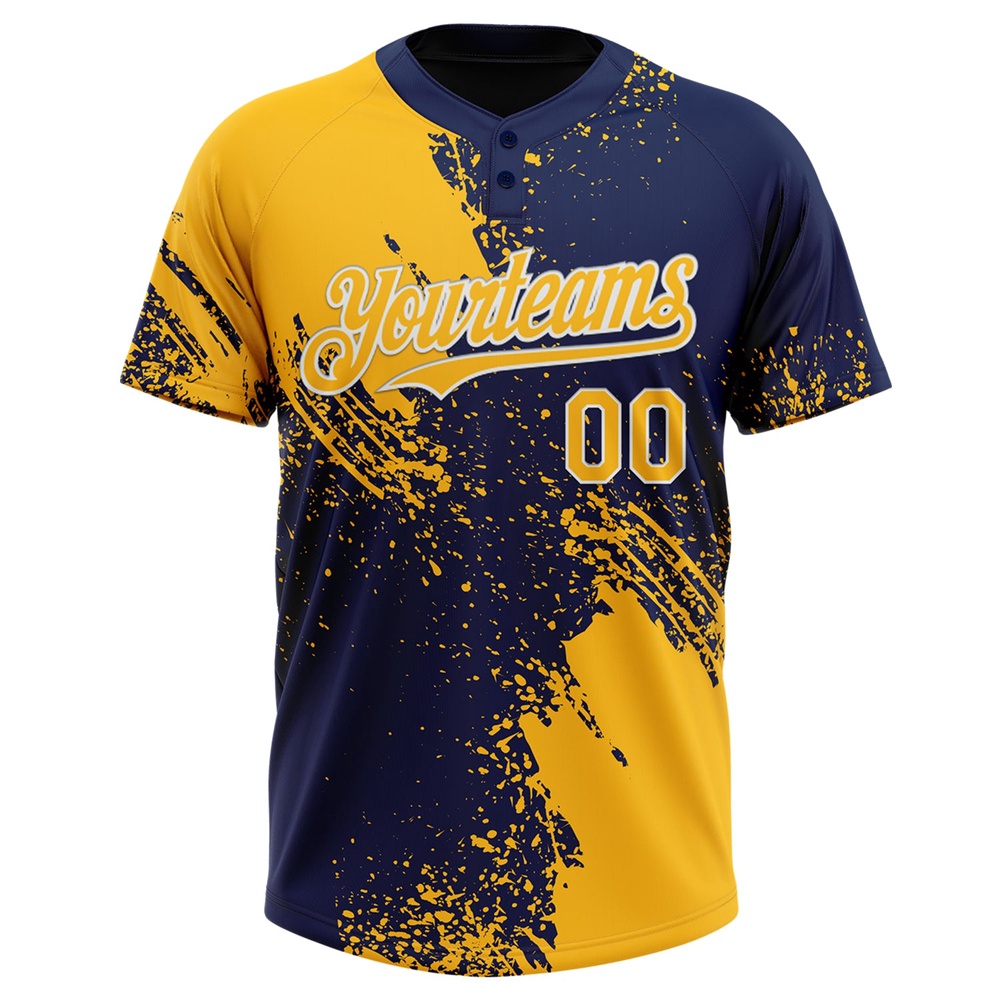 Gold Navy White 3D Pattern Abstract Brush Stroke Two Button Unisex Softball Jersey, Custom Team Softball Jersey