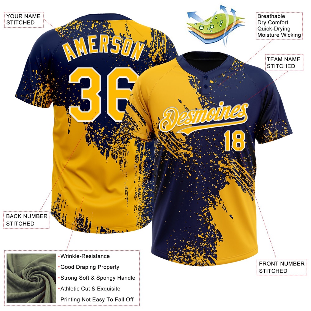 Gold Navy White 3D Pattern Abstract Brush Stroke Two Button Unisex Softball Jersey, Custom Team Softball Jersey