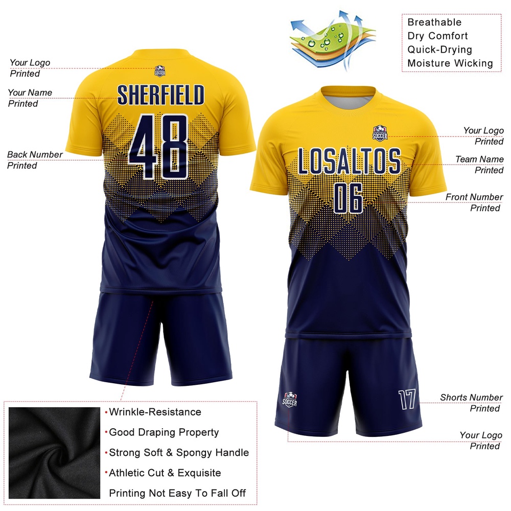 Gold Navy White Sublimation Soccer Uniform Jersey, Custom Team Soccer Jersey Shirt Gold Navy White Sublimation Soccer Uniform Jersey, Custom Team Soccer Jersey Shirt