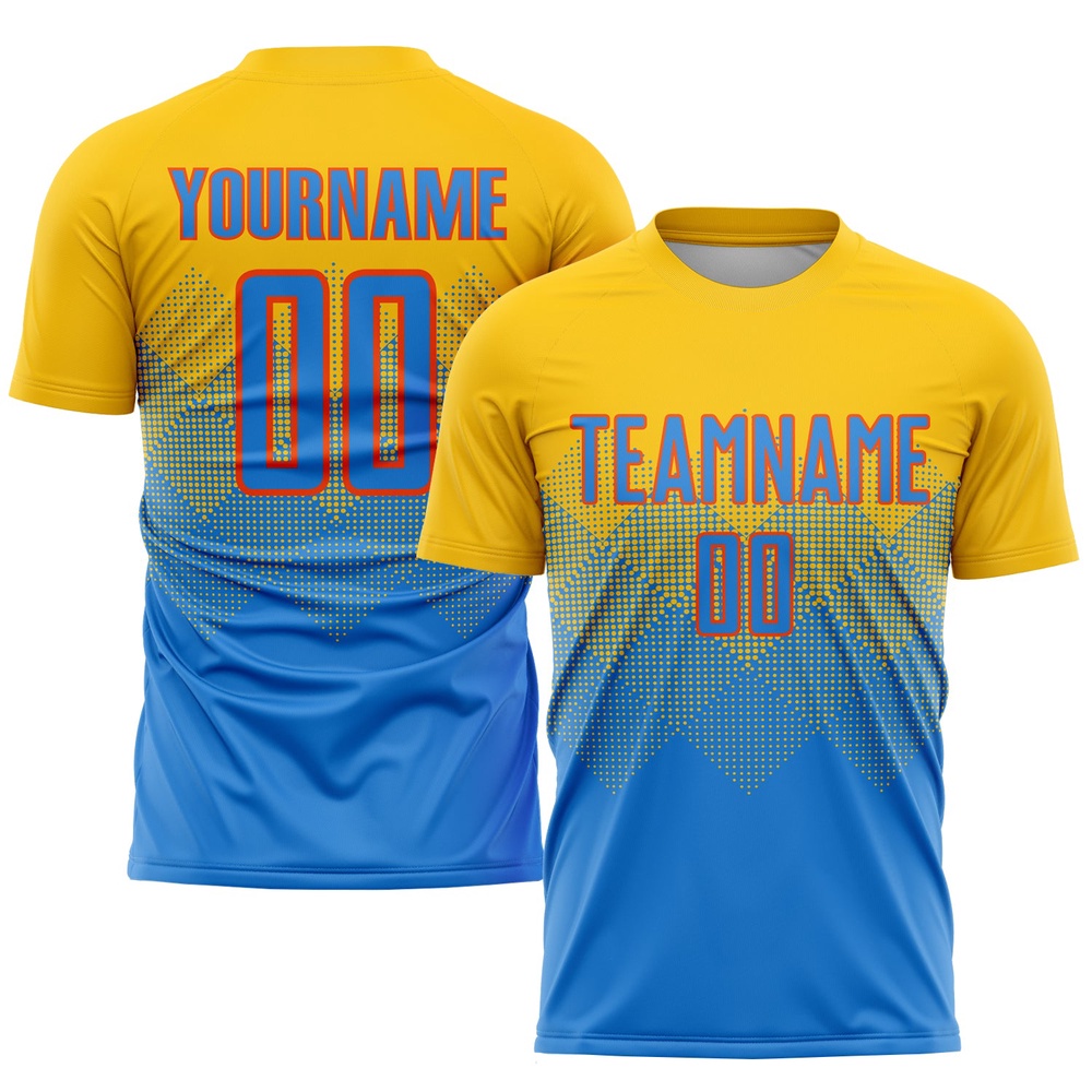 Gold Powder Blue Orange Sublimation Soccer Uniform Jersey, Custom Team Soccer Jersey Shirt Gold Powder Blue Orange Sublimation Soccer Uniform Jersey, Custom Team Soccer Jersey Shirt