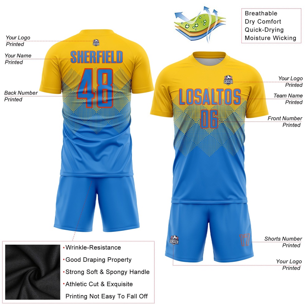 Gold Powder Blue Orange Sublimation Soccer Uniform Jersey, Custom Team Soccer Jersey Shirt Gold Powder Blue Orange Sublimation Soccer Uniform Jersey, Custom Team Soccer Jersey Shirt