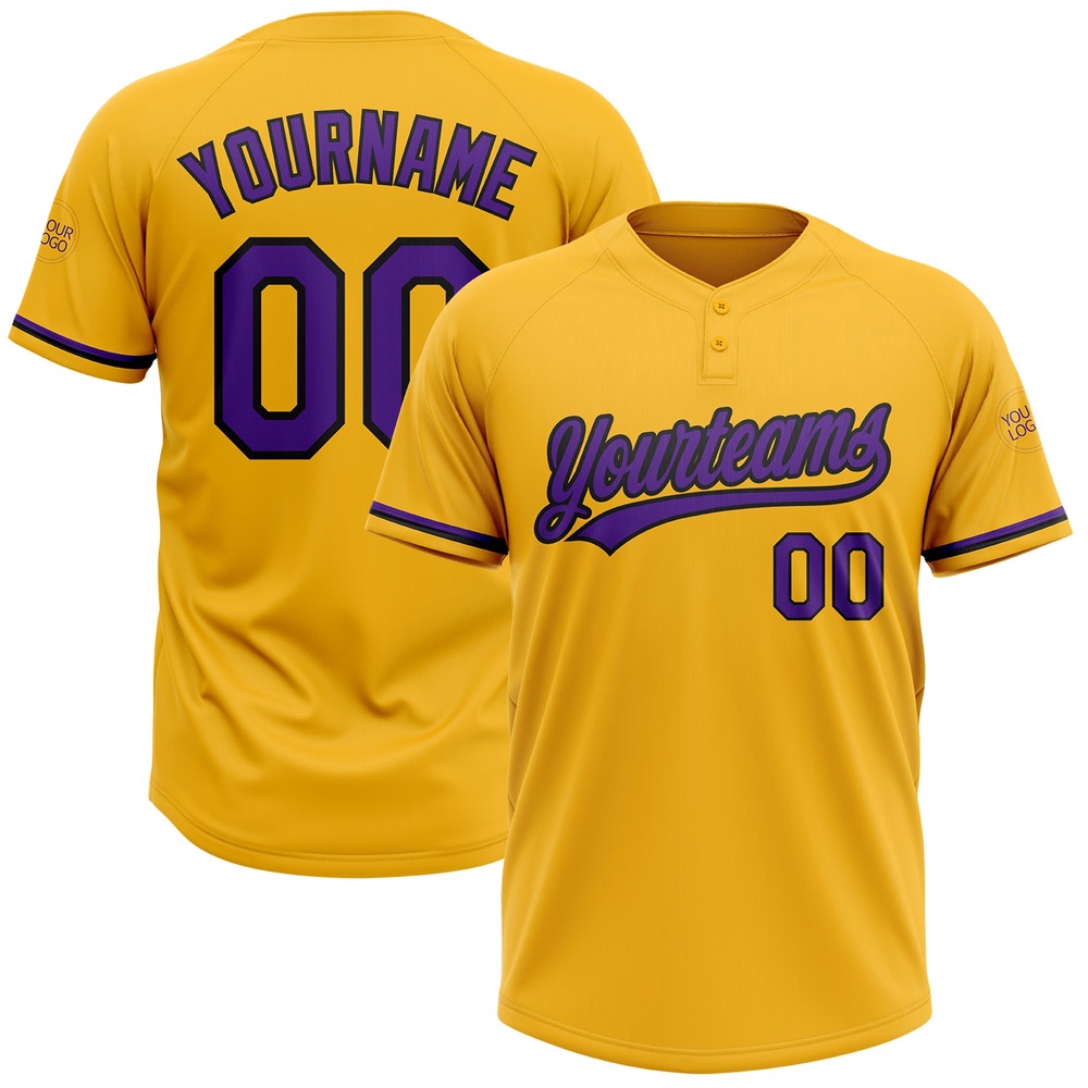 Gold Purple Black Two Button Unisex Softball Jersey, Custom Team Softball Jersey Gold Purple Black Two Button Unisex Softball Jersey, Custom Team Softball Jersey