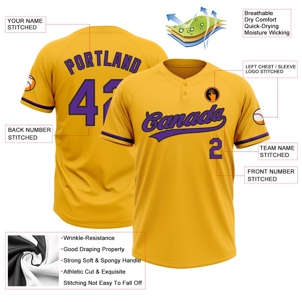 Gold Purple Black Two Button Unisex Softball Jersey, Custom Team Softball Jersey Gold Purple Black Two Button Unisex Softball Jersey, Custom Team Softball Jersey