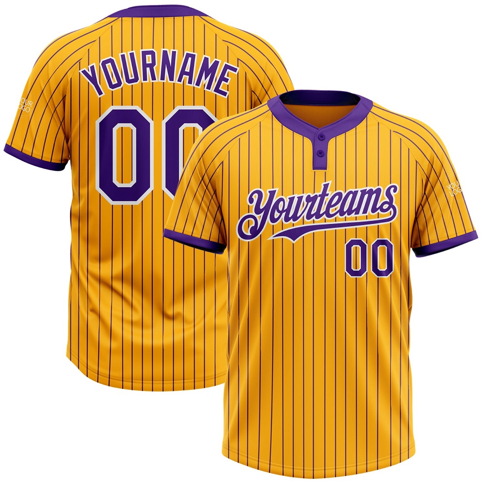 Gold Purple Pinstripe White Two Button Unisex Softball Jersey, Custom Team Softball Jersey Gold Purple Pinstripe White Two Button Unisex Softball Jersey, Custom Team Softball Jersey