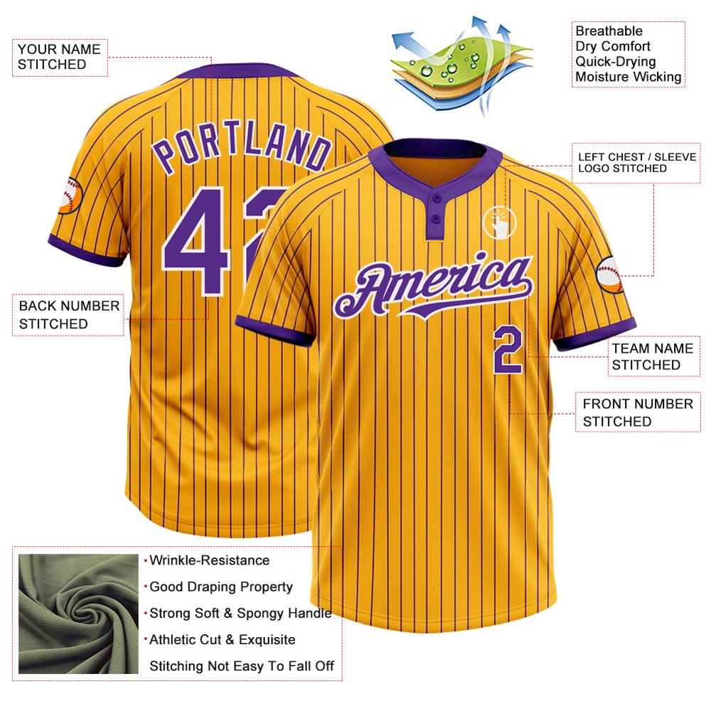 Gold Purple Pinstripe White Two Button Unisex Softball Jersey, Custom Team Softball Jersey Gold Purple Pinstripe White Two Button Unisex Softball Jersey, Custom Team Softball Jersey