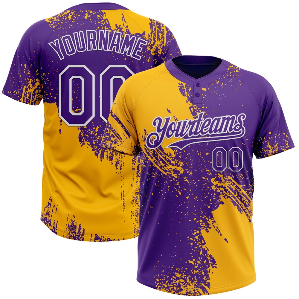 Gold Purple White 3D Pattern Abstract Brush Stroke Two Button Unisex Softball Jersey, Custom Team Softball Jersey Gold Purple White 3D Pattern Abstract Brush Stroke Two Button Unisex Softball Jersey, Custom Team Softball Jersey