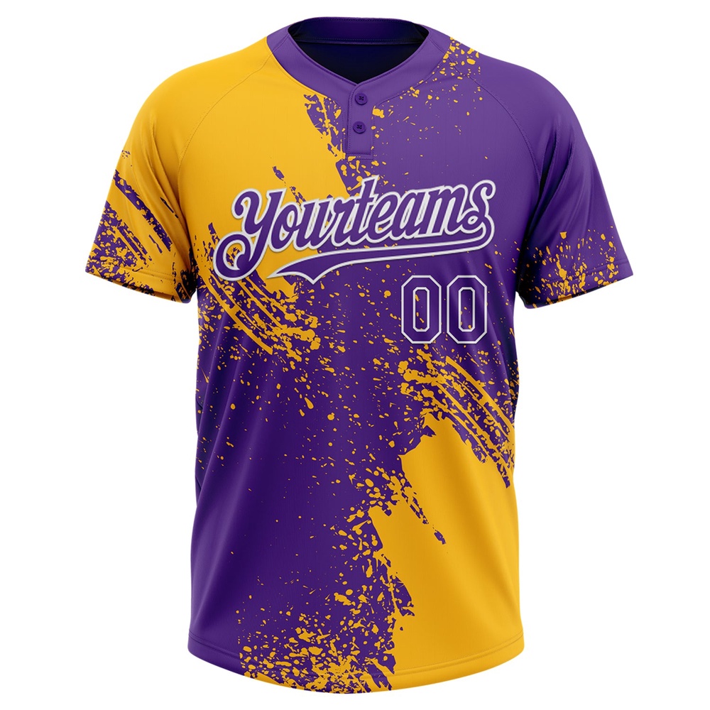 Gold Purple White 3D Pattern Abstract Brush Stroke Two Button Unisex Softball Jersey, Custom Team Softball Jersey Gold Purple White 3D Pattern Abstract Brush Stroke Two Button Unisex Softball Jersey, Custom Team Softball Jersey