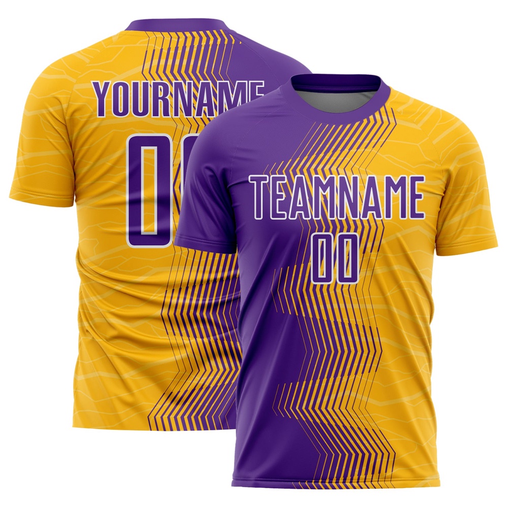 Gold Purple White Gradient Arrow Sublimation Soccer Uniform Jersey, Custom Team Soccer Jersey Shirt Gold Purple White Gradient Arrow Sublimation Soccer Uniform Jersey, Custom Team Soccer Jersey Shirt