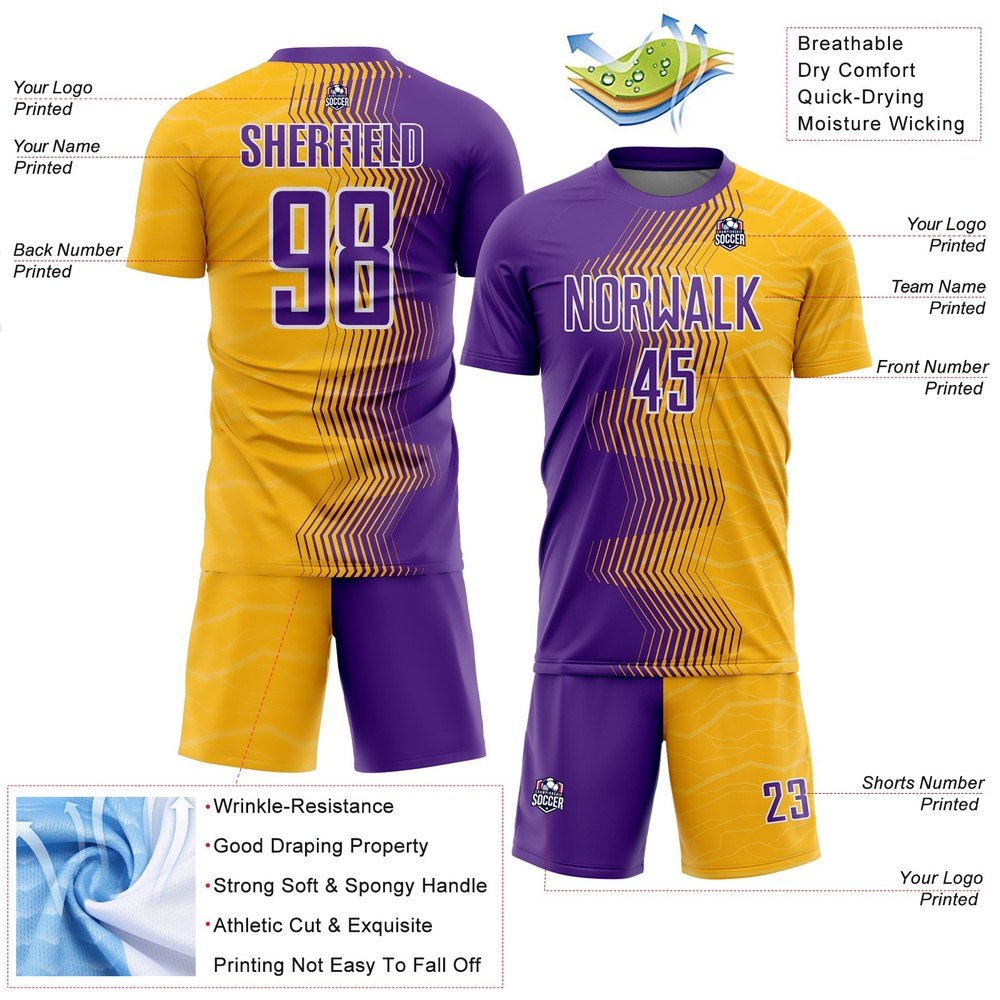 Gold Purple White Gradient Arrow Sublimation Soccer Uniform Jersey, Custom Team Soccer Jersey Shirt Gold Purple White Gradient Arrow Sublimation Soccer Uniform Jersey, Custom Team Soccer Jersey Shirt