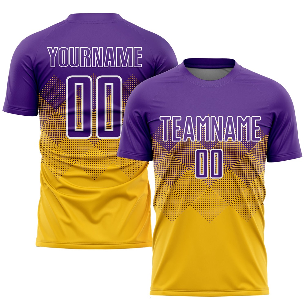 Gold Purple White Sublimation Soccer Uniform Jersey, Custom Team Soccer Jersey Shirt Gold Purple White Sublimation Soccer Uniform Jersey, Custom Team Soccer Jersey Shirt