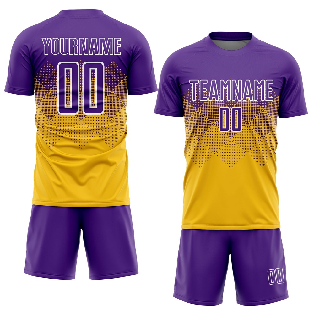 Gold Purple White Sublimation Soccer Uniform Jersey, Custom Team Soccer Jersey Shirt Gold Purple White Sublimation Soccer Uniform Jersey, Custom Team Soccer Jersey Shirt