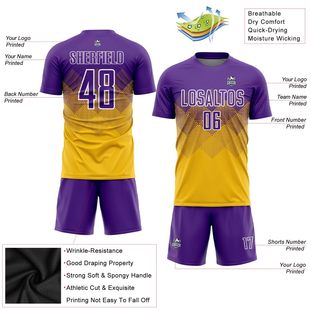Gold Purple White Sublimation Soccer Uniform Jersey, Custom Team Soccer Jersey Shirt Gold Purple White Sublimation Soccer Uniform Jersey, Custom Team Soccer Jersey Shirt