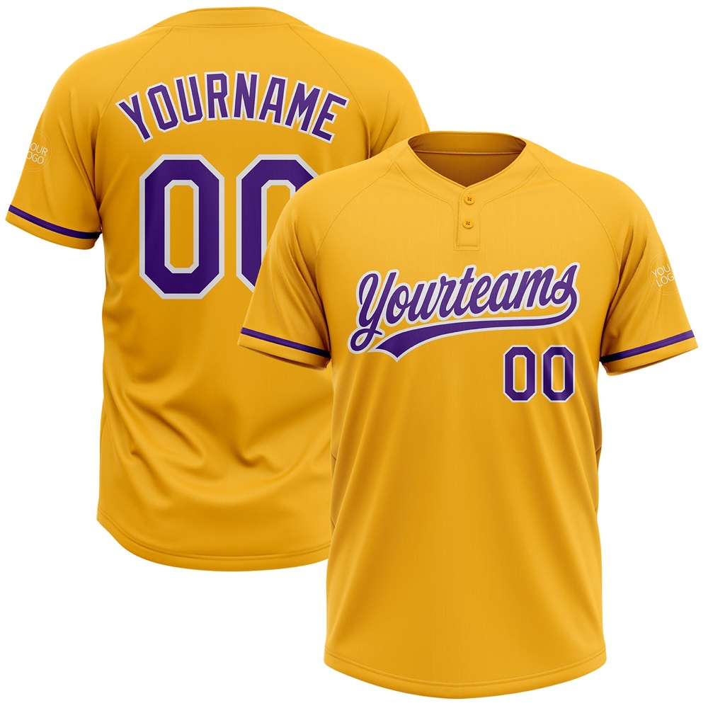 Gold Purple White Two Button Unisex Softball Jersey, Custom Team Softball Jersey Gold Purple White Two Button Unisex Softball Jersey, Custom Team Softball Jersey