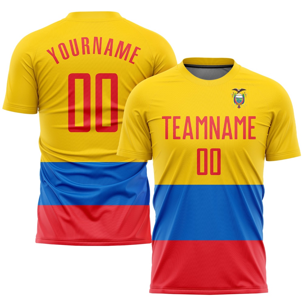 Gold Red Royal Sublimation Ecuador Flag Soccer Uniform Jersey, Custom Team Soccer Jersey Shirt