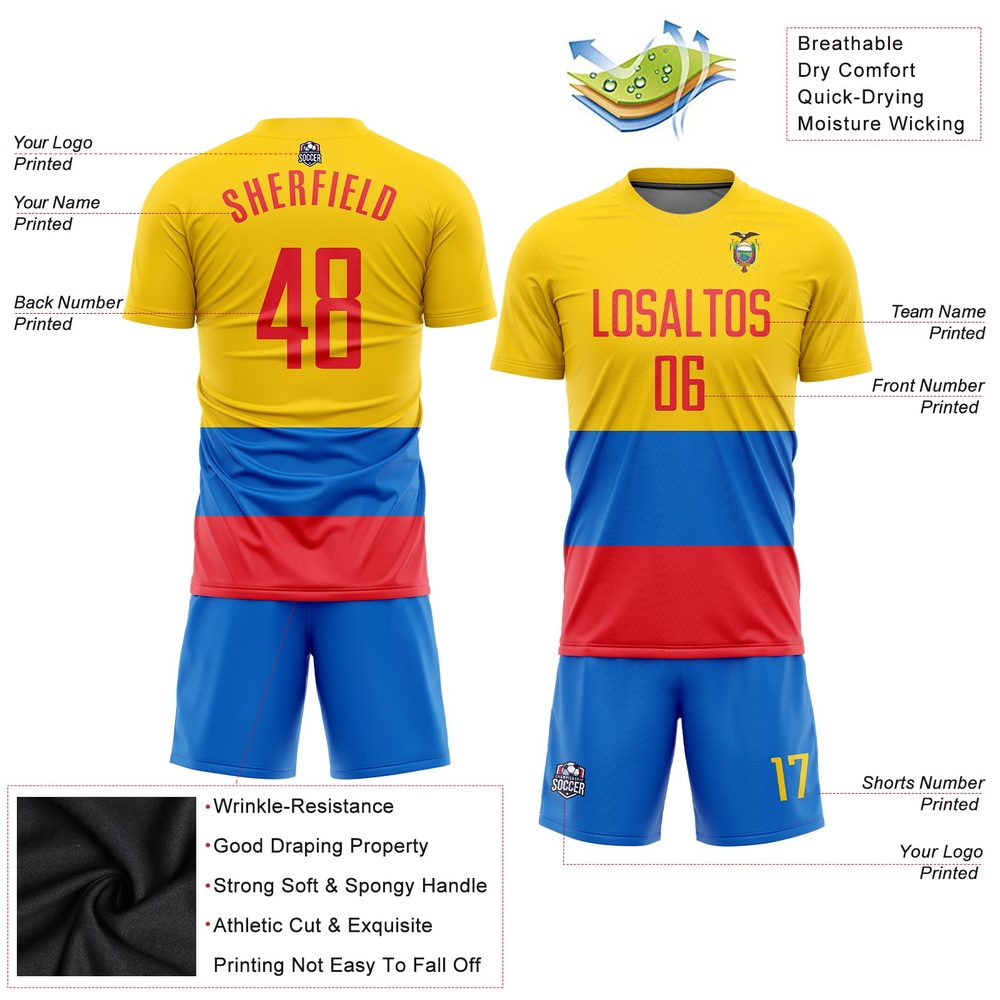 Gold Red Royal Sublimation Ecuador Flag Soccer Uniform Jersey, Custom Team Soccer Jersey Shirt