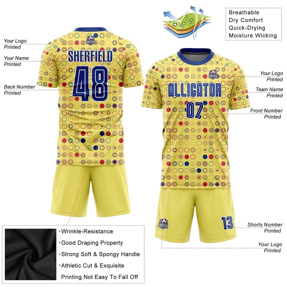Gold Royal White Away Sublimation Soccer Uniform Jersey, Custom Team Soccer Jersey Shirt Gold Royal White Away Sublimation Soccer Uniform Jersey, Custom Team Soccer Jersey Shirt