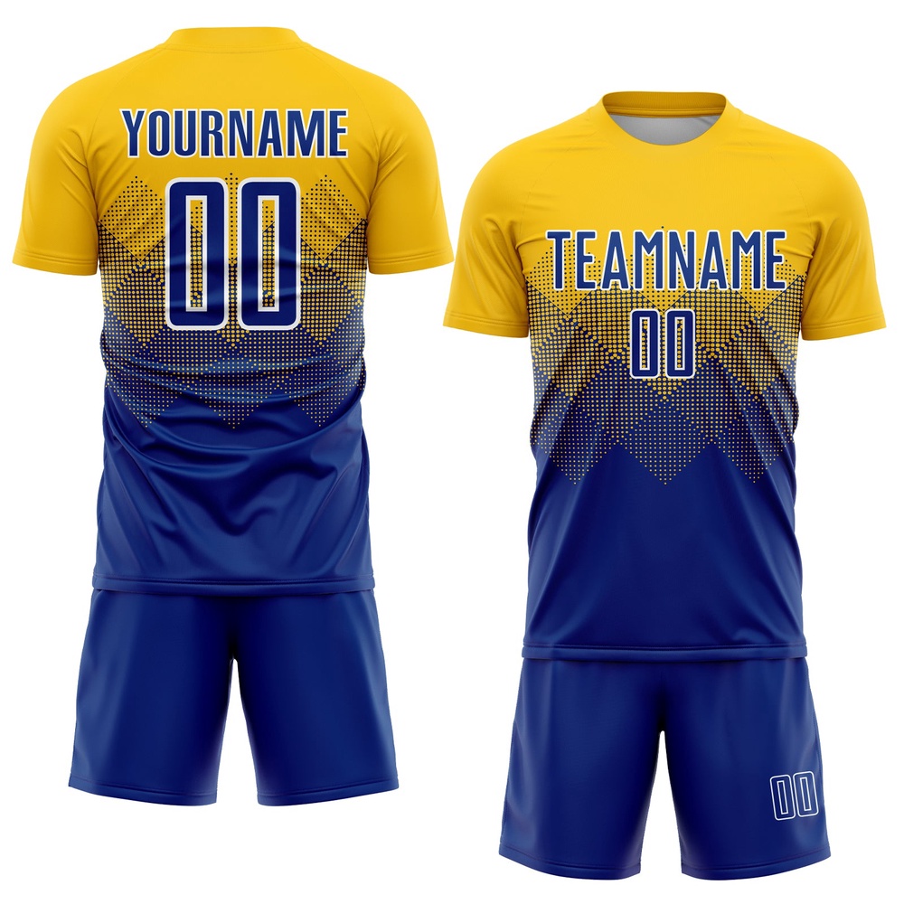 Gold Royal White Sublimation Soccer Uniform Jersey, Custom Team Soccer Jersey Shirt Gold Royal White Sublimation Soccer Uniform Jersey, Custom Team Soccer Jersey Shirt
