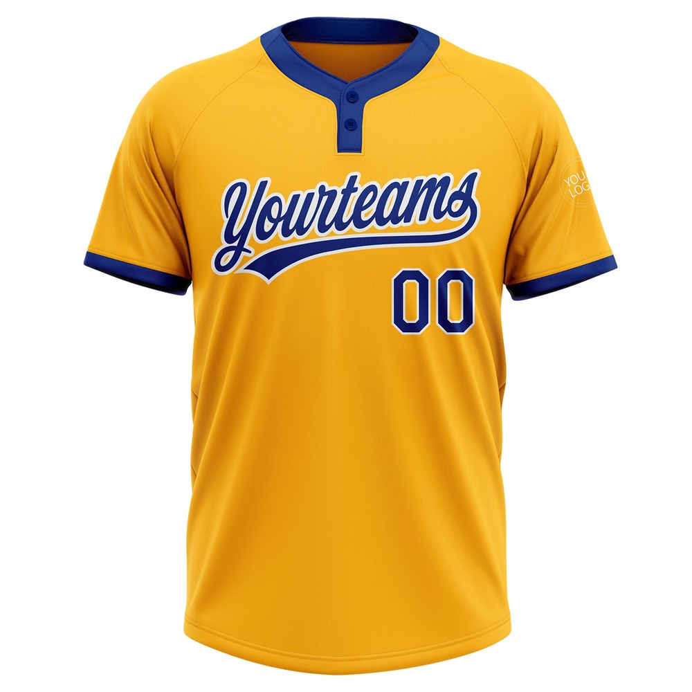 Gold Royal White Two Button Unisex Softball Jersey, Custom Team Softball Jersey Gold Royal White Two Button Unisex Softball Jersey, Custom Team Softball Jersey