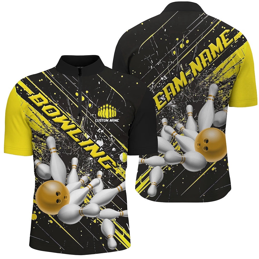 Gold Strike Bowling Team Shirts For Men And Women, Bowling League Outfits For Bowlers, Custom Bowling Team Jersey Shirt